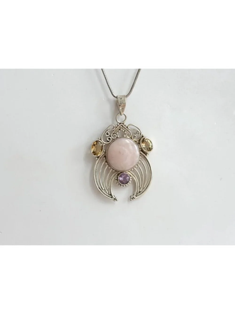 Rose Quartz Amethyst & Citrine Sterling Silver 925 Vintage Pendant Necklace 20